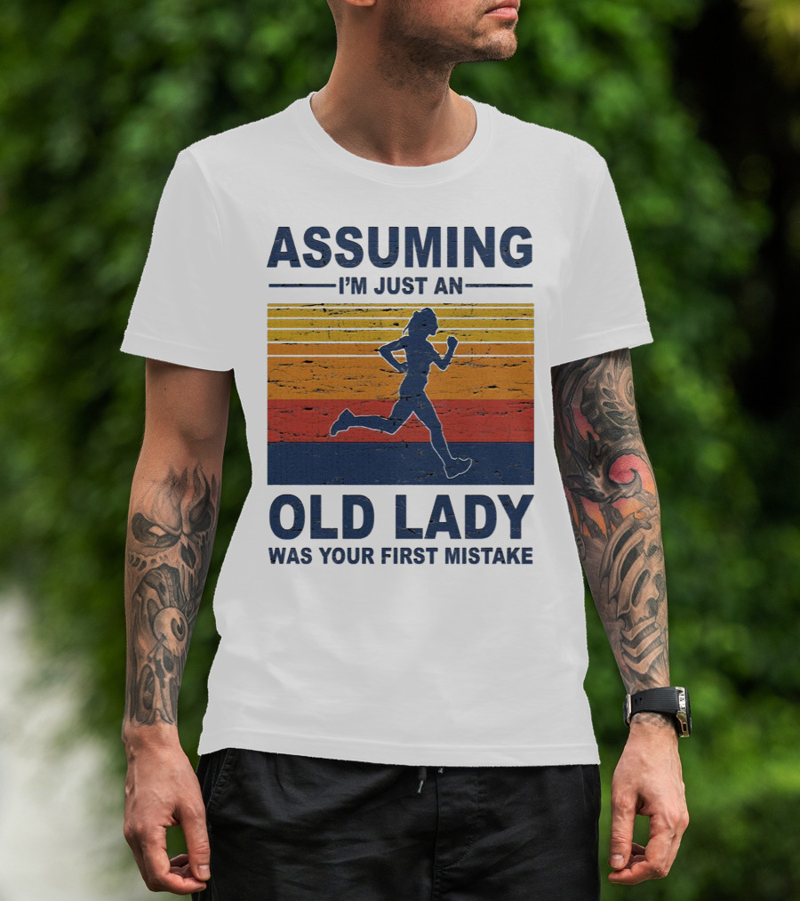 Assuming I'm Just An Old Lady Running Silhouette Retro Stripes T-Shirt