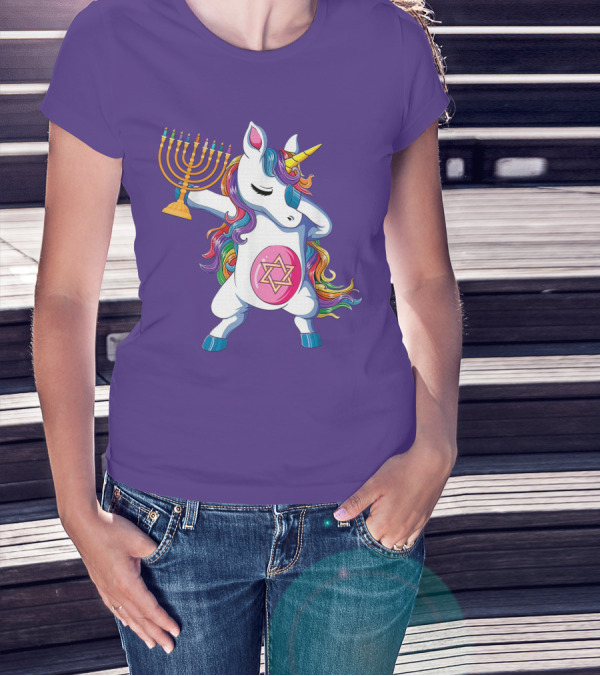 Jewnicorn Hanukkah Unicorn Dabbing With Menorah And Star Of David T-Shirt