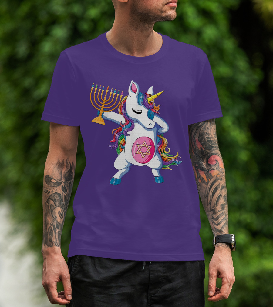 Jewnicorn Hanukkah Unicorn Dabbing With Menorah And Star Of David T-Shirt