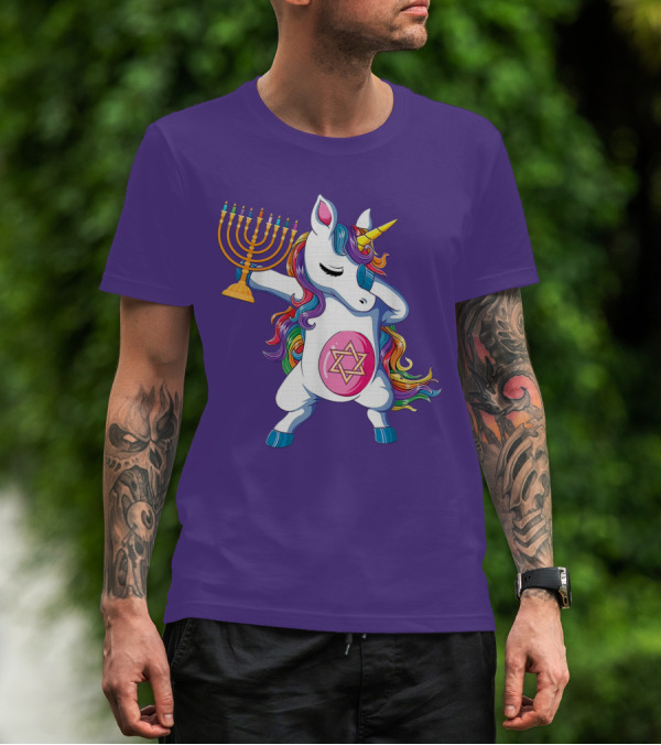 Jewnicorn Hanukkah Unicorn Dabbing With Menorah And Star Of David T-Shirt