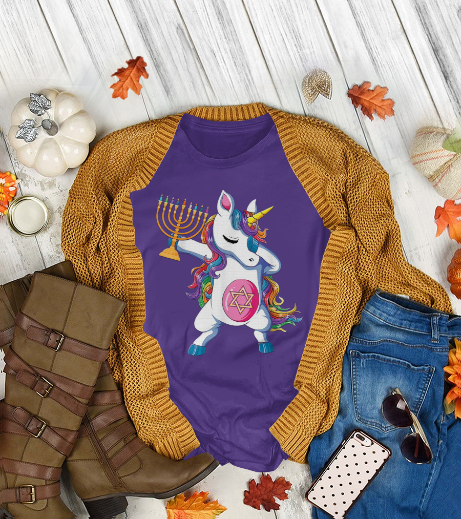 Jewnicorn Hanukkah Unicorn Dabbing with Menorah and Star of David T-Shirt