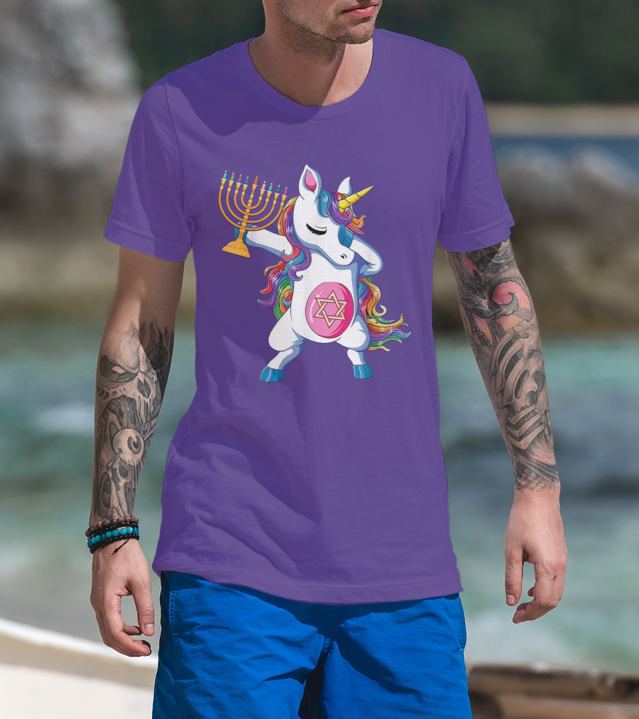 Jewnicorn Hanukkah Unicorn Dabbing With Menorah And Star Of David T-Shirt