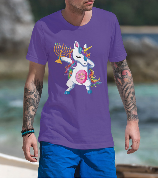 Jewnicorn Hanukkah Unicorn Dabbing With Menorah And Star Of David T-Shirt