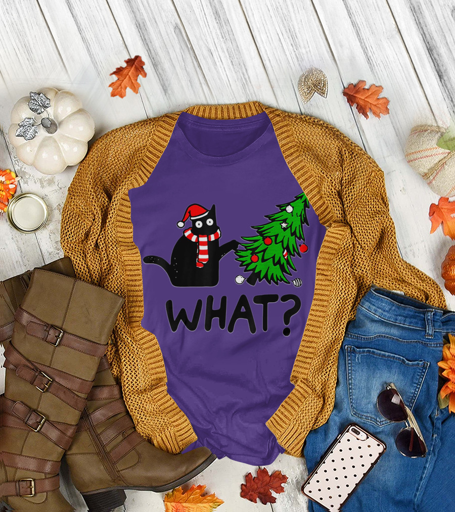 Black Cat Pushing Christmas Tree What T-Shirt