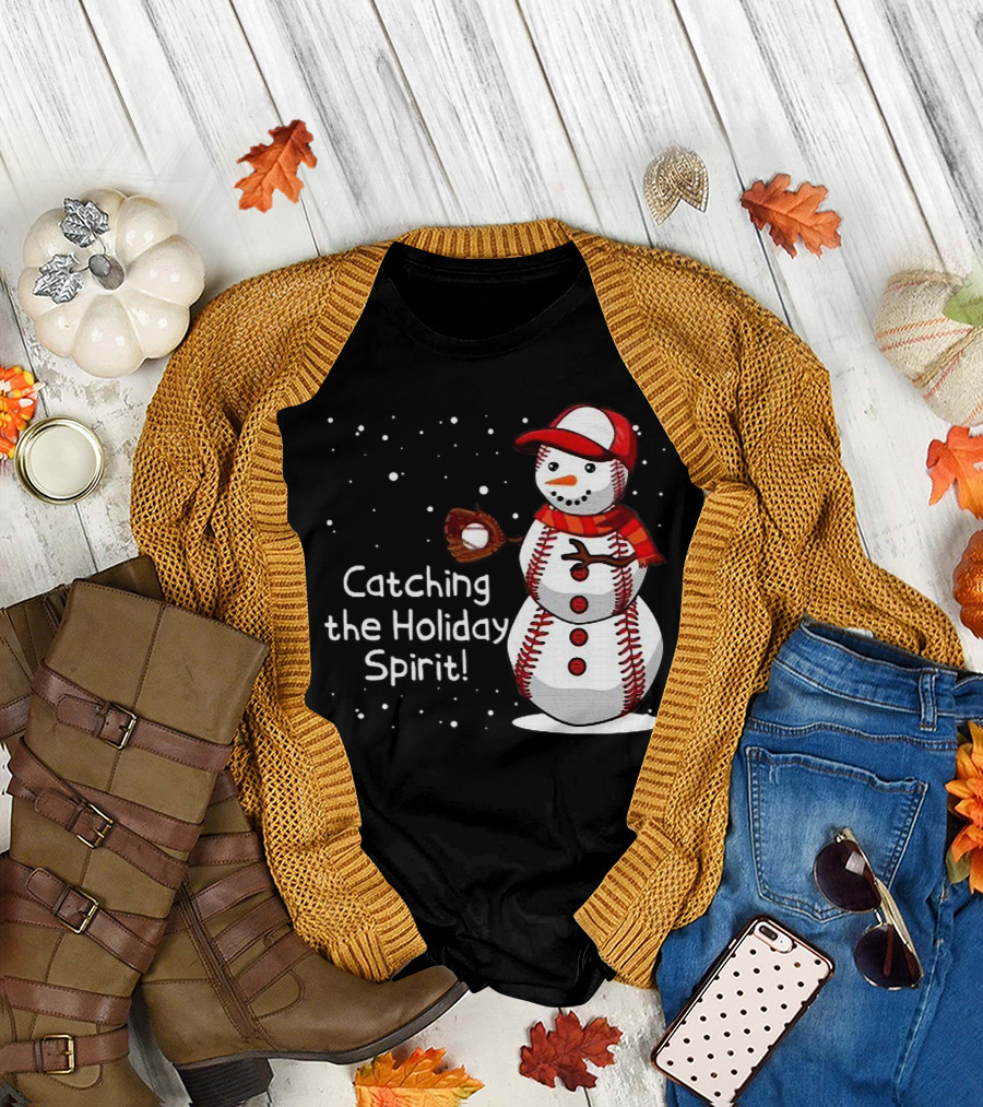 Catching The Holiday Spirit Baseball Snowman With Red Cap And Mitt T-Shirt