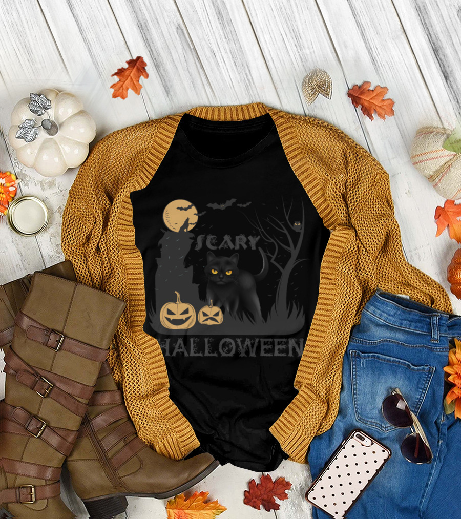 Scary Halloween Black Cat with Pumpkin and Moon T-Shirt