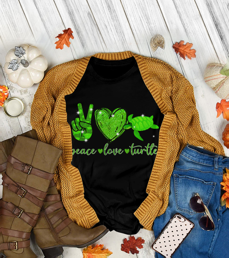 Peace Love Turtle Funny Turtle Lover Glitter Green Sparkle T-Shirt