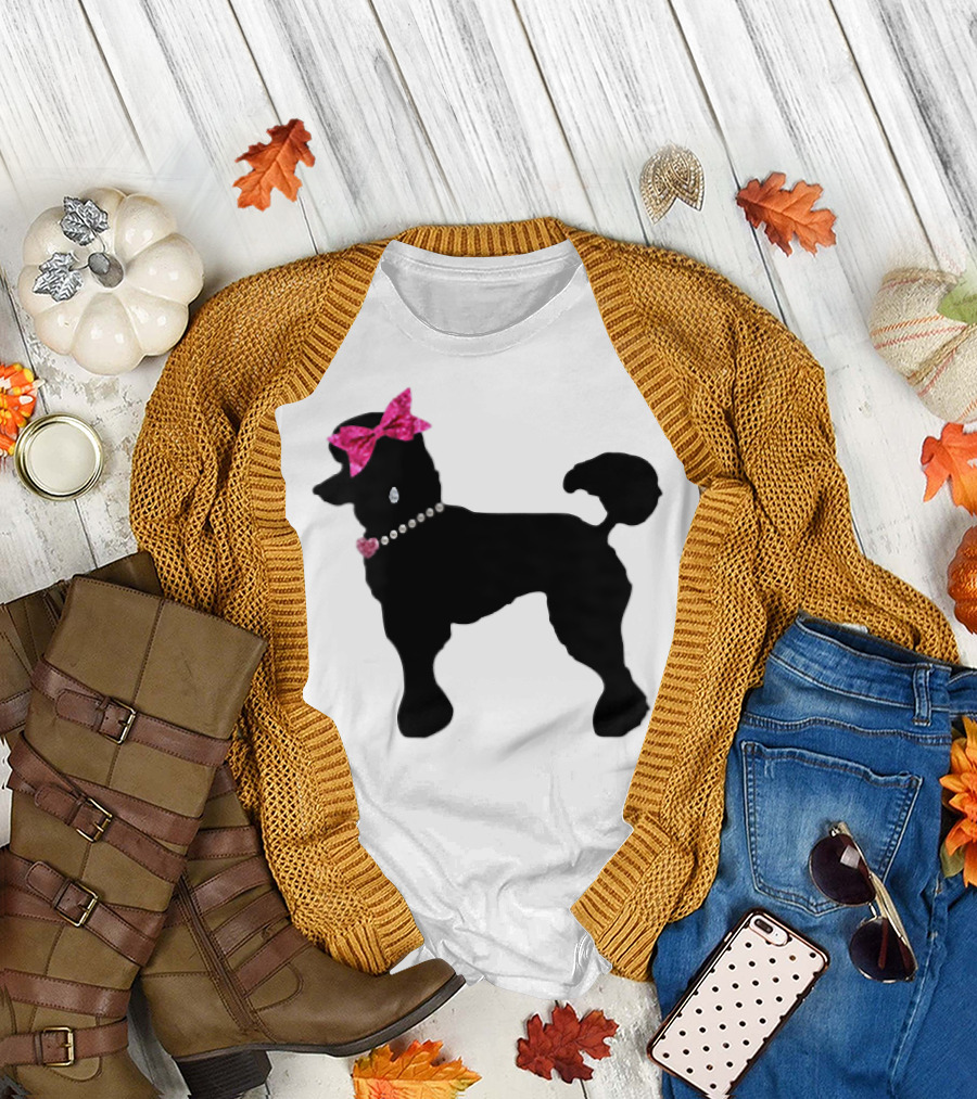 50's Posh Poodle Pearl Necklace Pink Bow T-Shirt