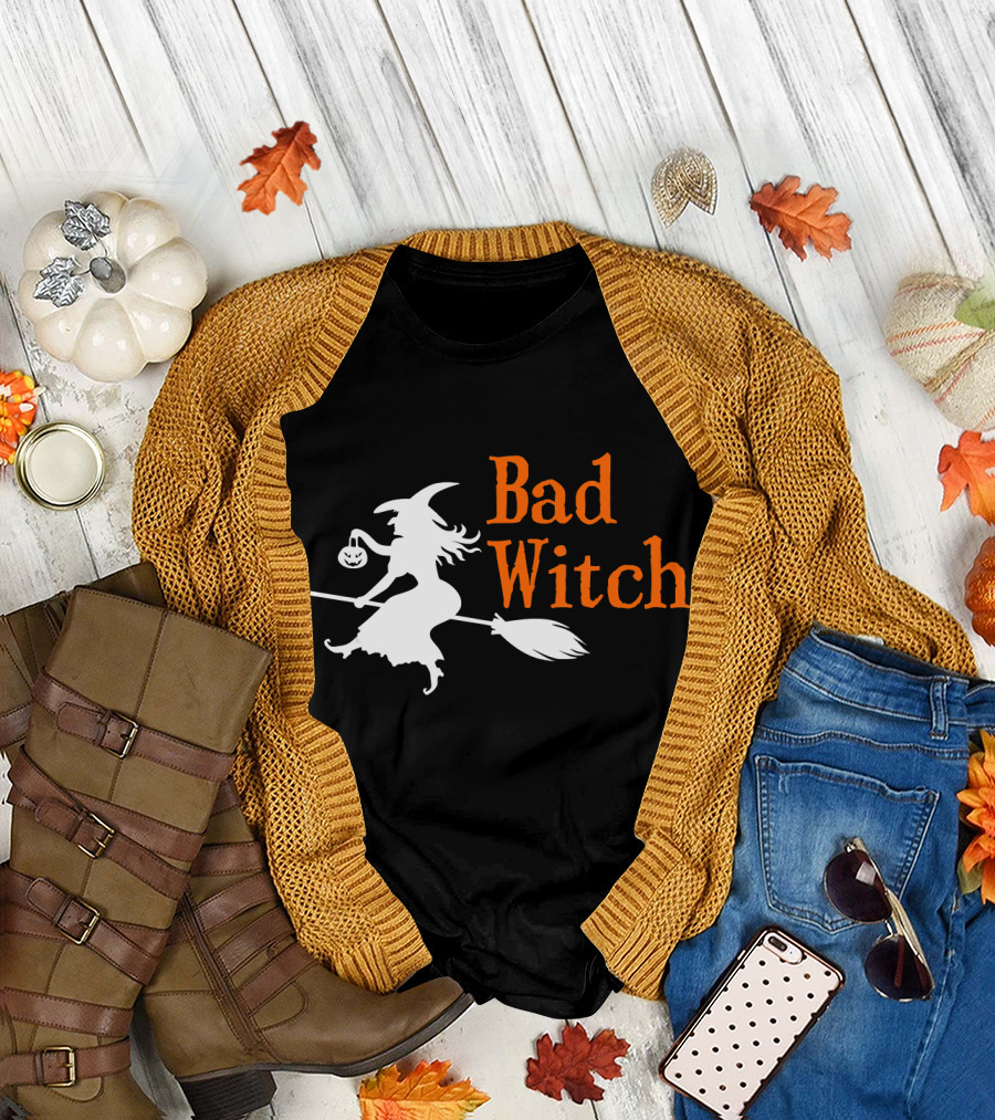 Bad Witch Halloween Broomstick Silhouette with Pumpkin Lantern T-Shirt