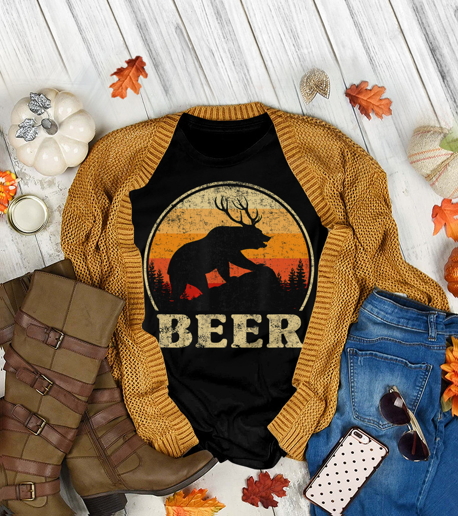 Bear Deer Silhouette Vintage Beer T-Shirt