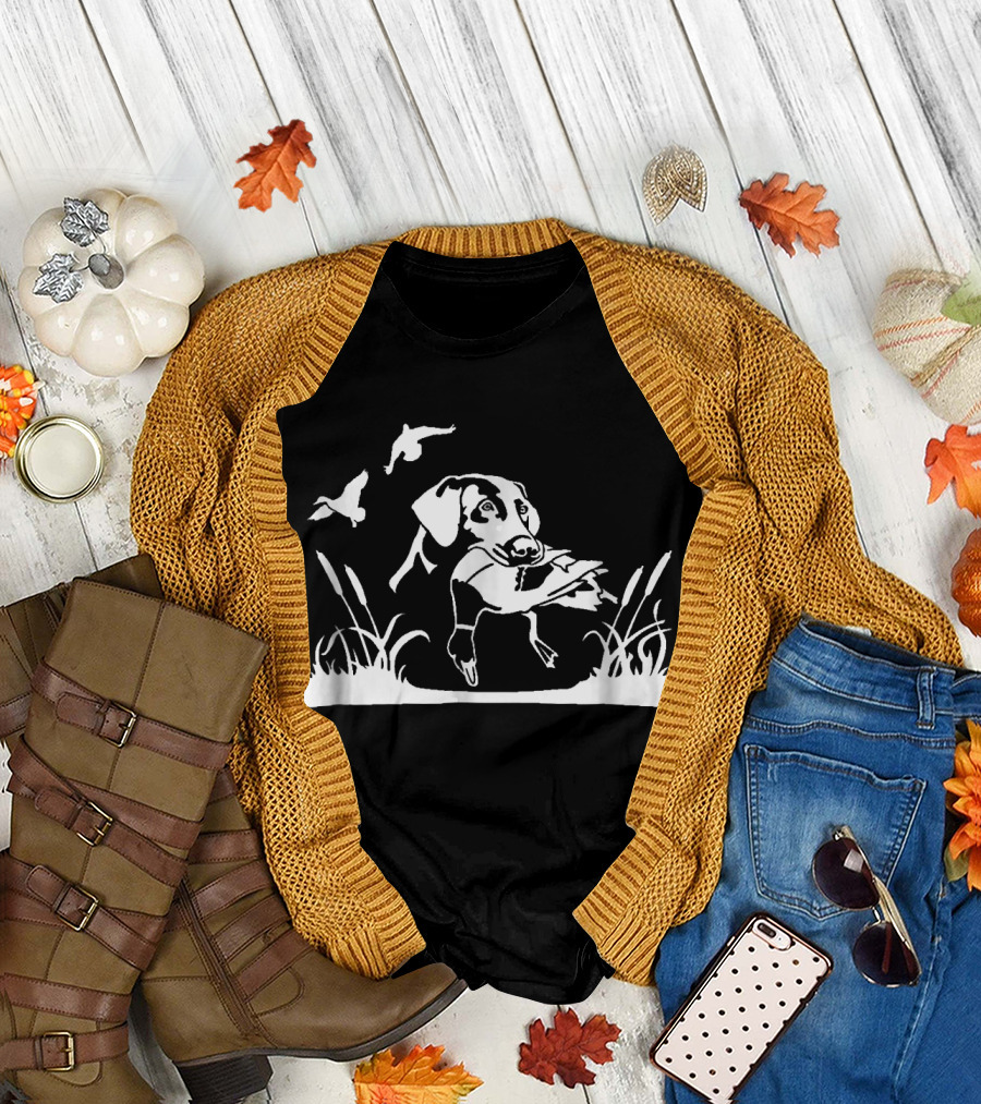 Bird Dog with Duck in the Marsh with Willow Grass and Flying Birds T-Shirt