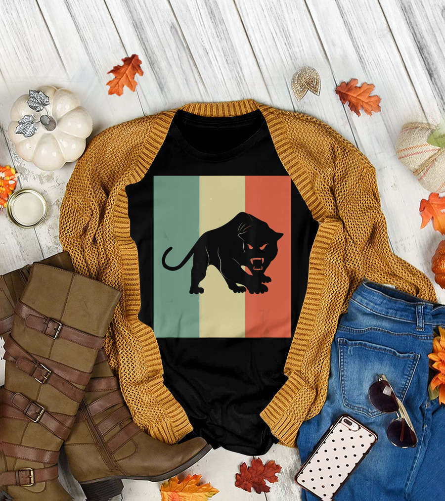 Black Panther Silhouette Retro Vintage Style Stripes T-Shirt