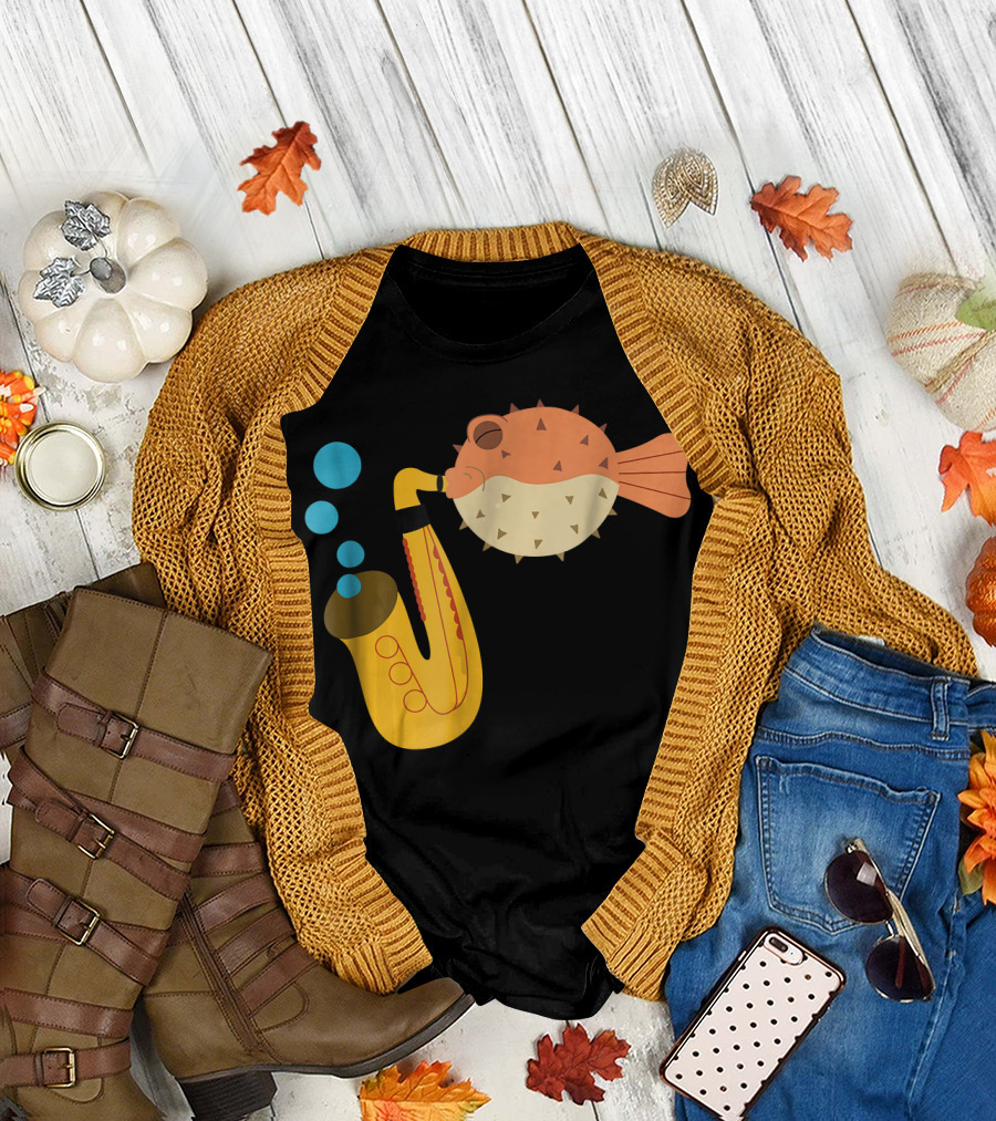 Blow Fish with Saxophone and Bubbles Music Scene T-Shirt