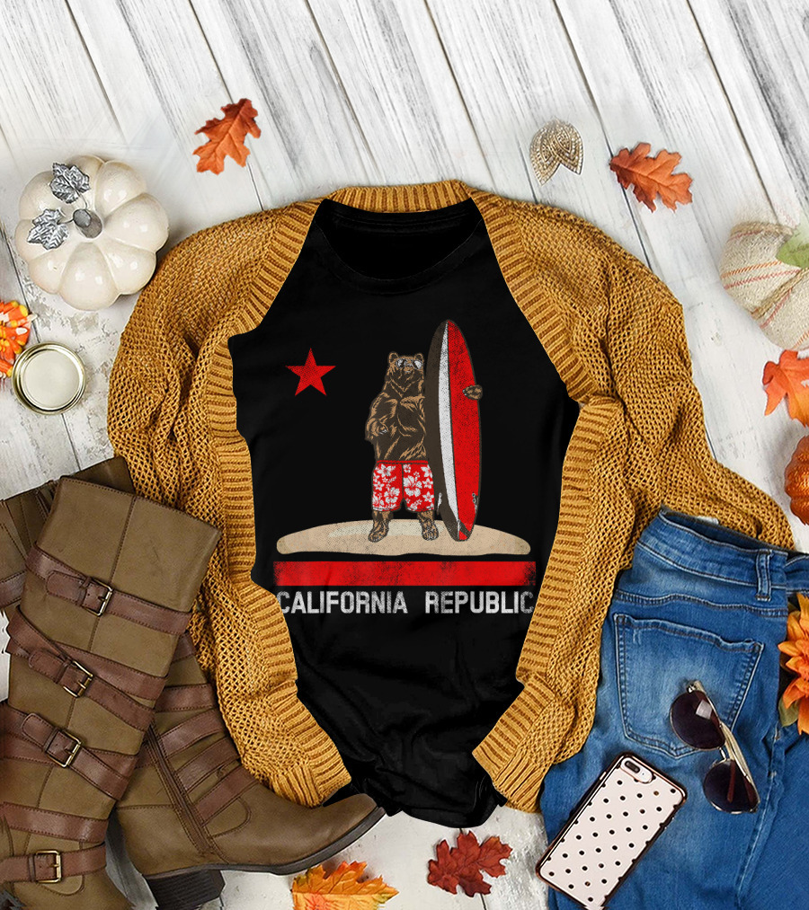 California Republic Bear Surfing Redwood T-Shirt