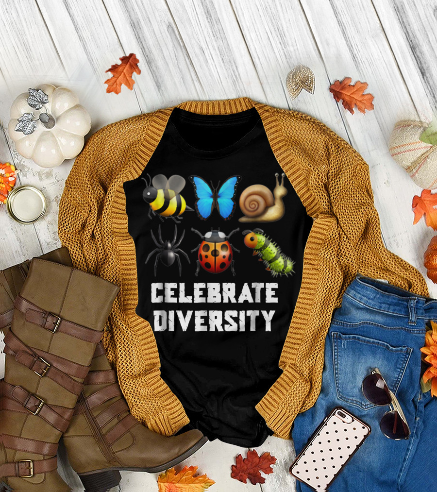 Celebrate Diversity Bug Lover Bee Butterfly Snail Spider Ladybug Caterpillar T-Shirt
