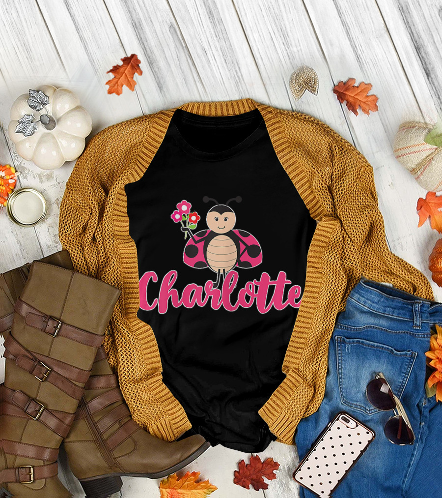 Charlotte Cute Ladybug Holding Flowers T-Shirt