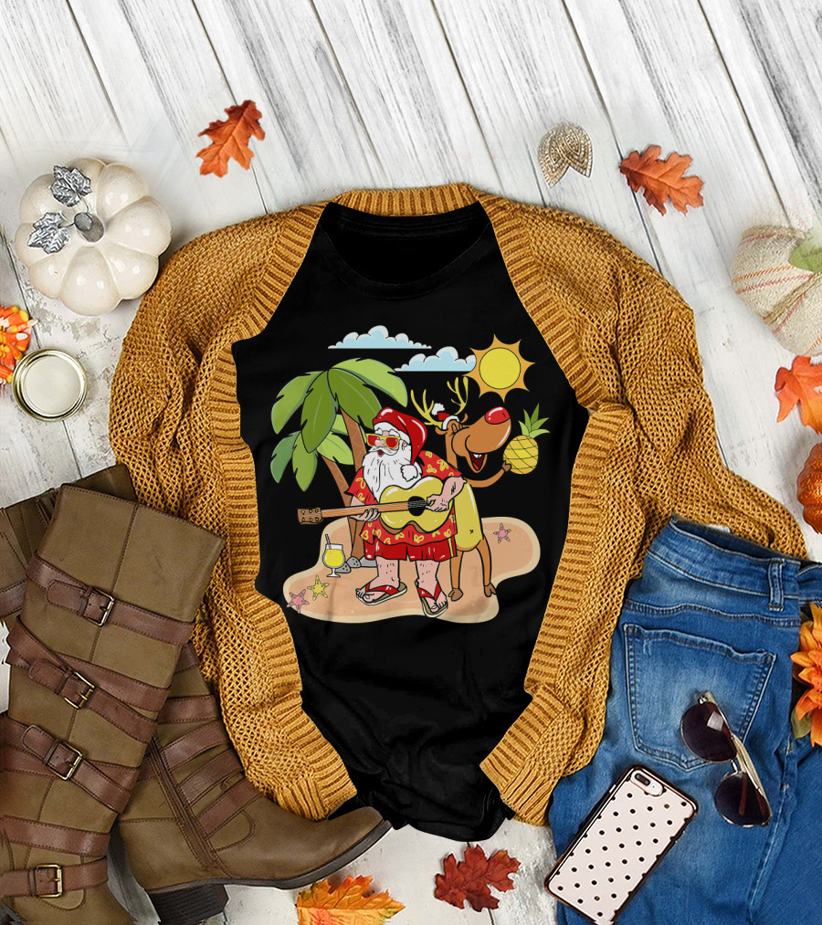 Christmas In July Santa Palm Tree Deer Guitar Pineapple Beach Scene T-Shirt
