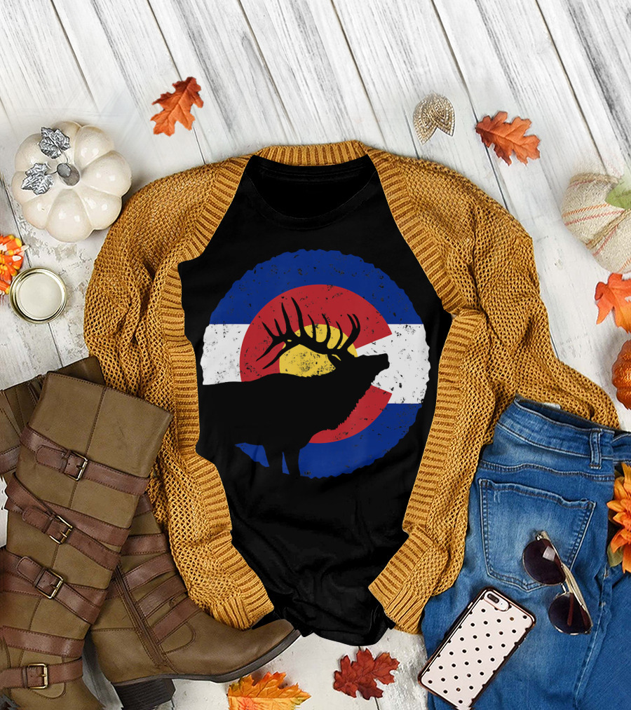 Colorado Elk Silhouette Over State Flag Circle T-Shirt