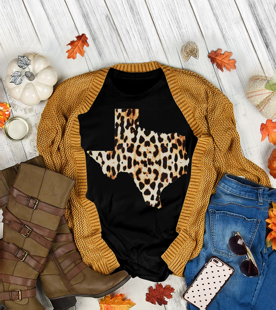 Texas Leopard Cheetah Print State Map T-Shirt