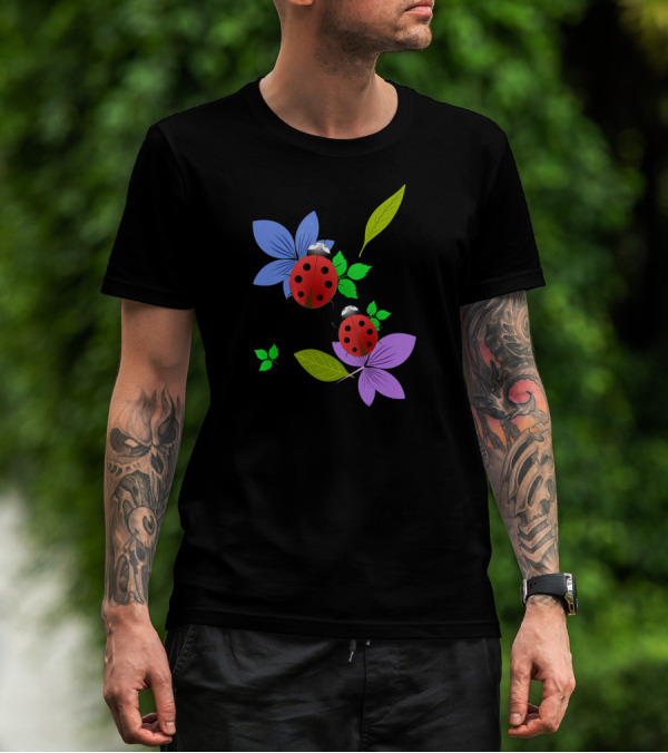 Cute Ladybug Beetles On Colorful Summer Garden Flowers T-Shirt