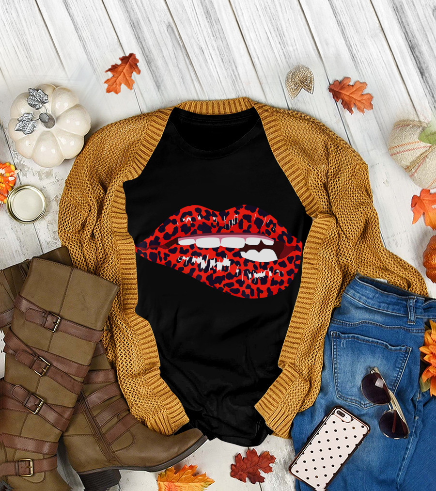 Cute Red Lips Kiss Me Leopard Cheetah Print T-Shirt