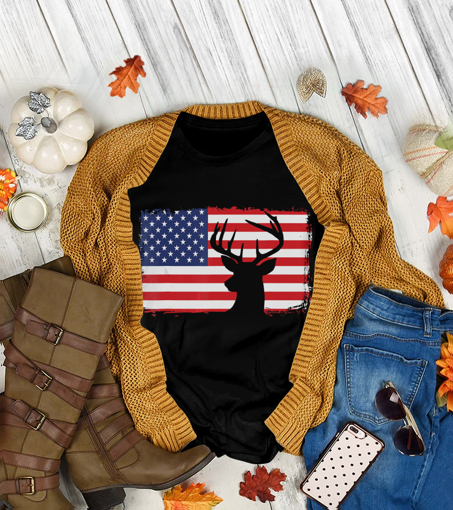 Deer Silhouette on American Flag Background Hunting T-Shirt