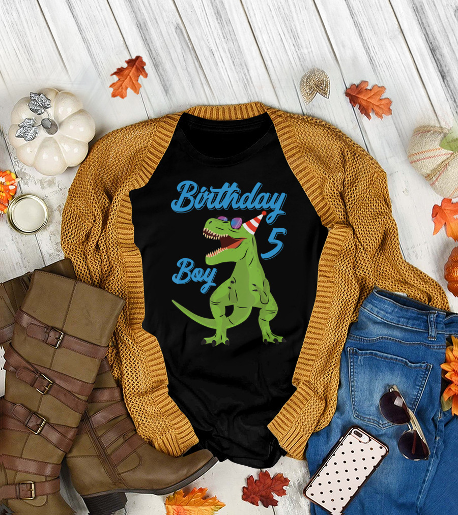 Birthday Boy Dinosaur 5 Party Hat Sunglasses T-Shirt
