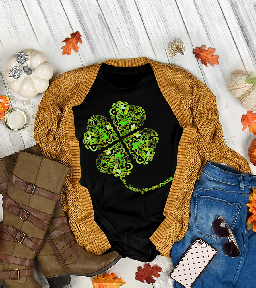 Four Leaf Clover Music Notes Irish St Pat T-Shirt