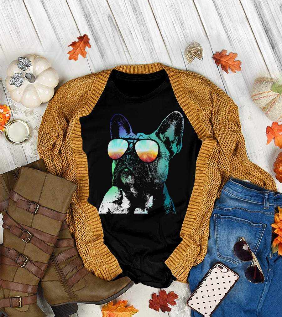 Neon French Bulldog with Colorful Sunglasses T-Shirt