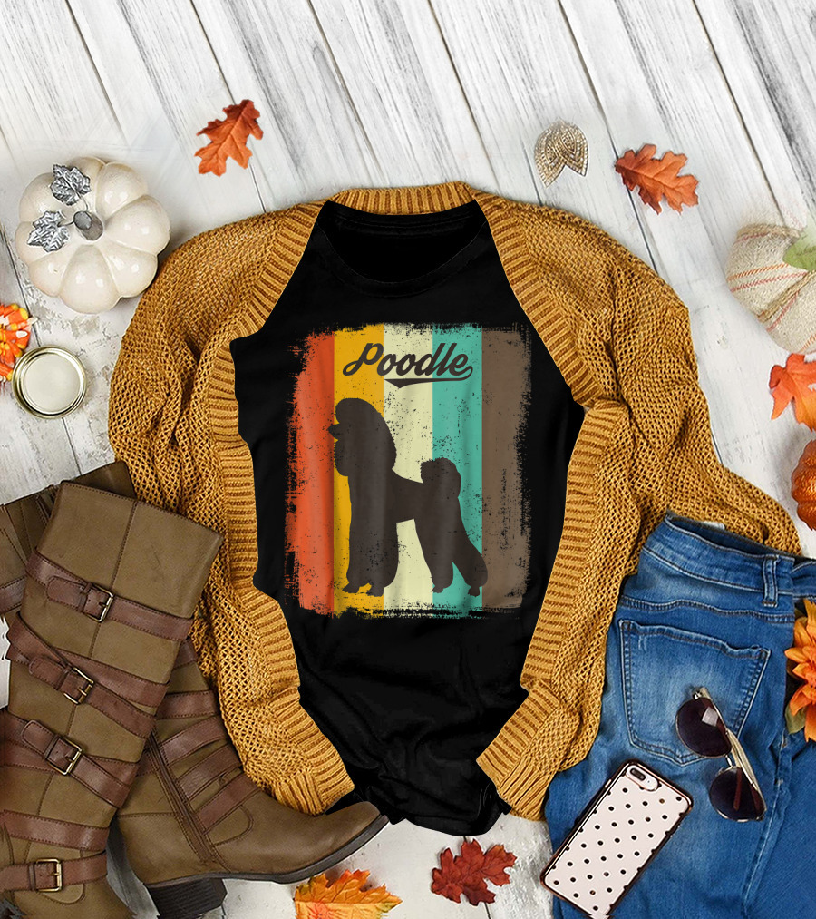 Poodle Retro Silhouette on Colorful Stripes T-Shirt
