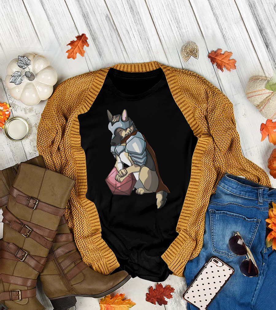 German Shepherd Dog Knight Holding D20 Dice for Board Game Tablet T-Shirt