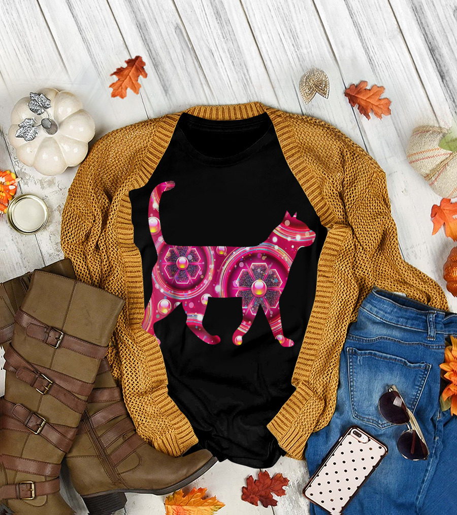Girly Gem and Jewels Cat Pink Floral Sparkle T-Shirt