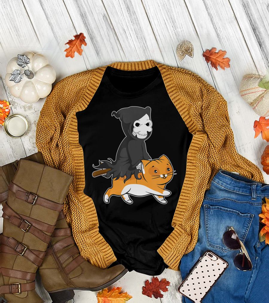 Grim Reaper Death Riding an Adorable Orange Cat T-Shirt