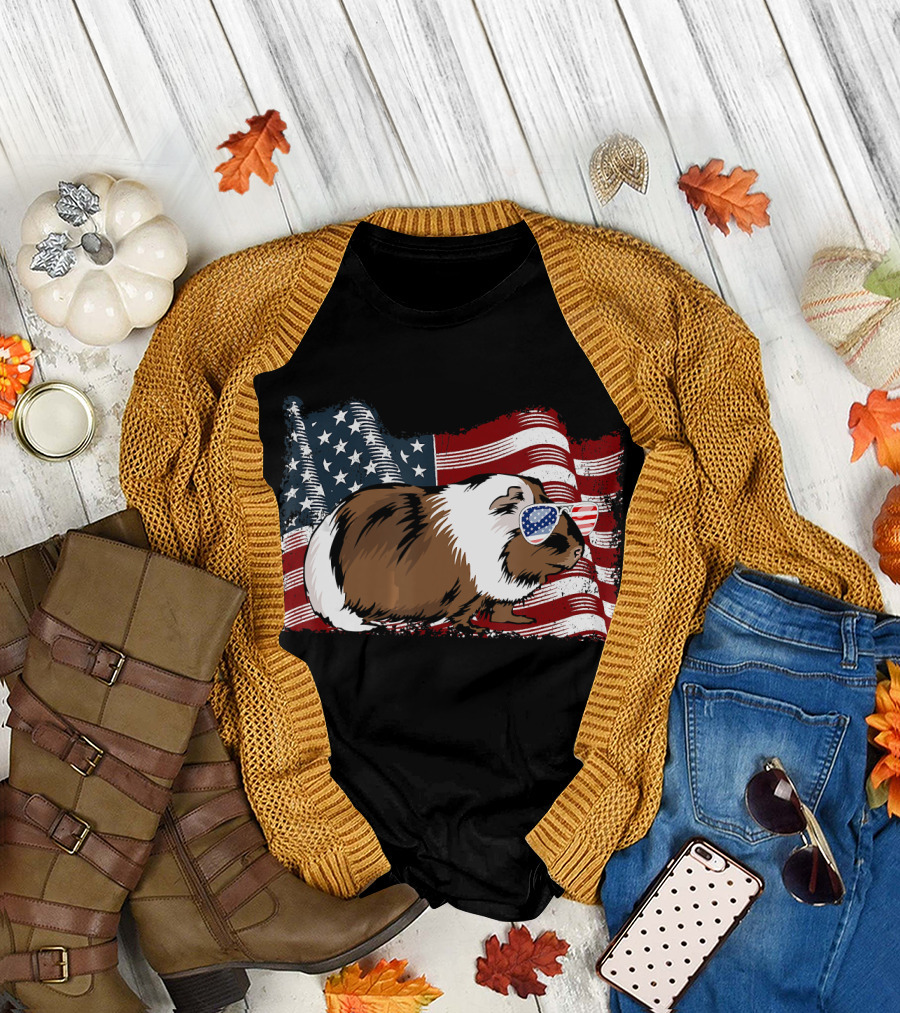 Guinea Pig With American Flag Sunglasses 4th Of July T-Shirt