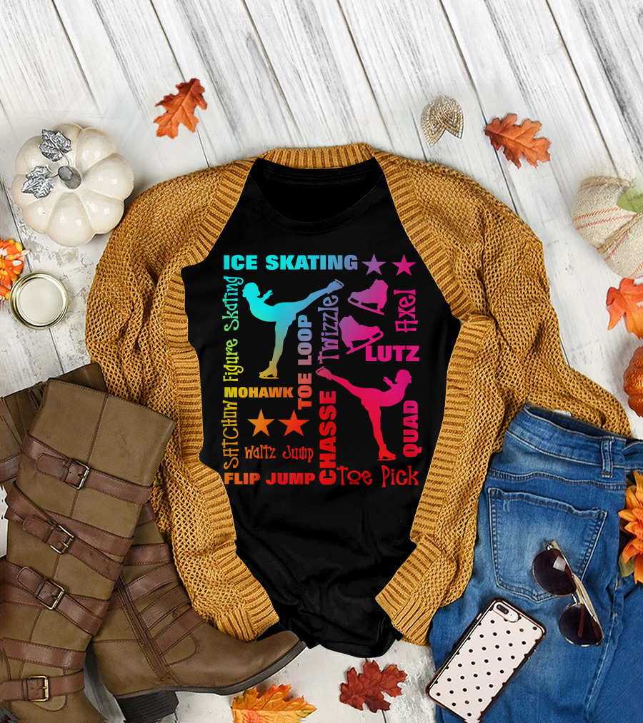 Ice Skating Figure Rainbow Typography Toe Loop Axel Lutz Quad Chasse Toe Pick Mohawk Flip Jump T-Shirt
