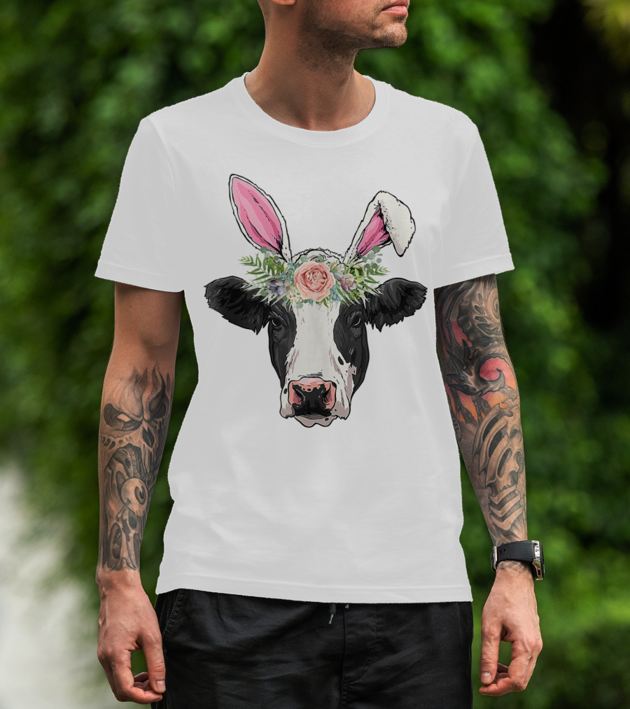 Funny Cow Easter Bunny Flower Crown T-Shirt