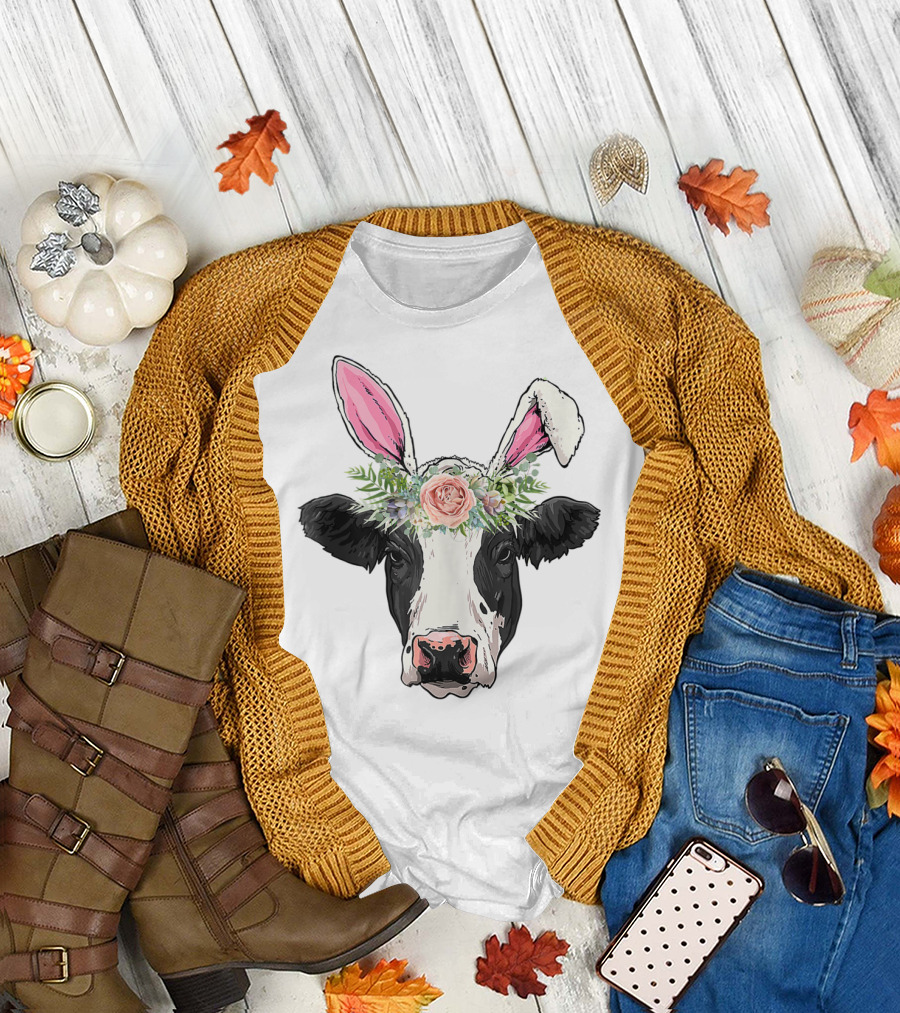 Funny Cow Easter Bunny Flower Crown T-Shirt