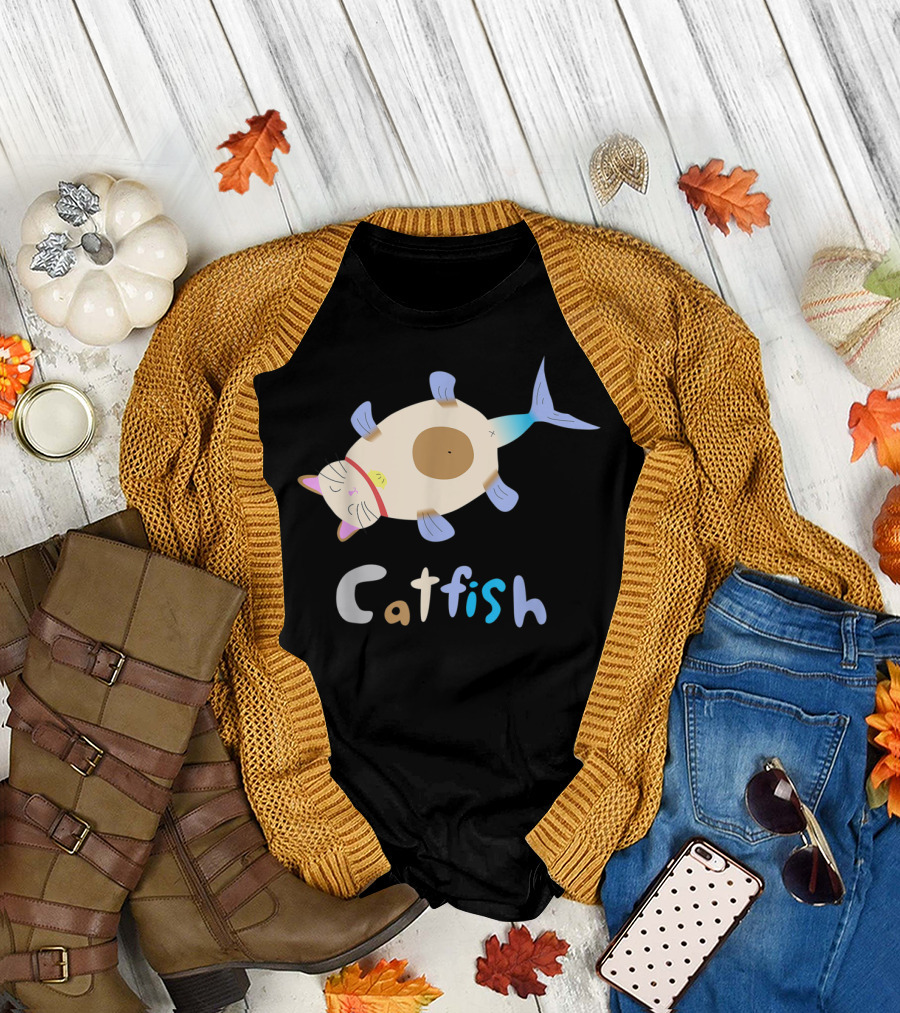 Catfish Sleeping Cat Head Fish Body Playful T-Shirt