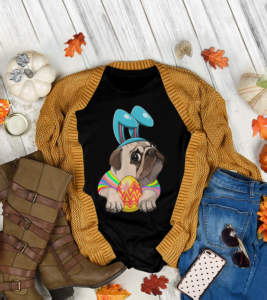 Cute Easter Pug with Bunny Ears Hugging Egg T-Shirt