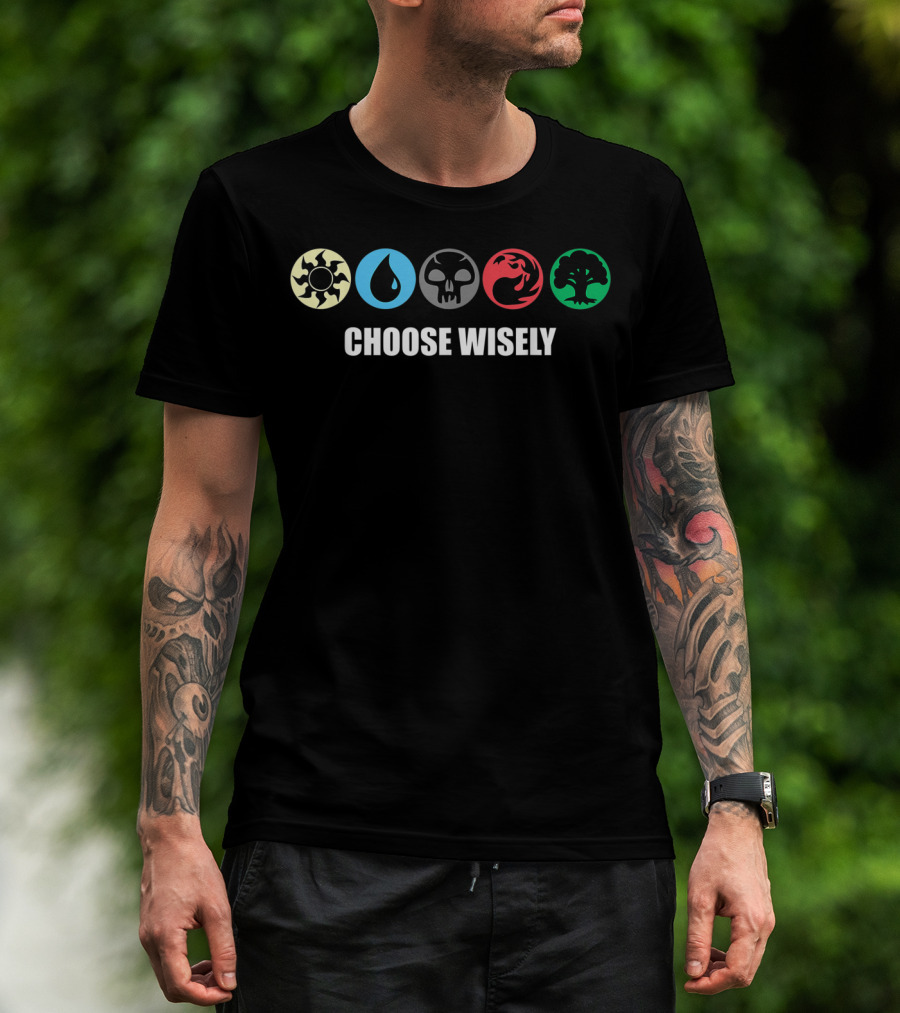 Mana Symbols Gathering Magic Choose Wisely Blue Red Green Iconic Fantasy Elements T-Shirt