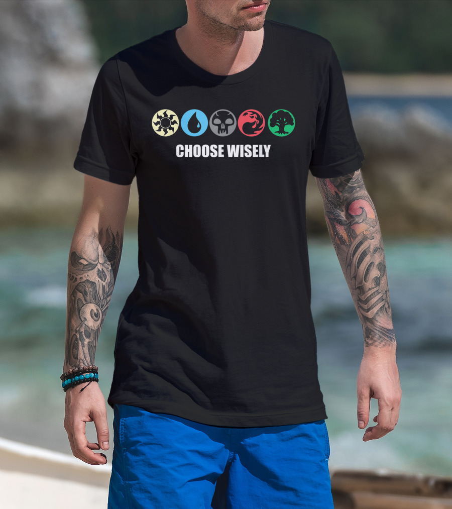 Mana Symbols Gathering Magic Choose Wisely Blue Red Green Iconic Fantasy Elements T-Shirt