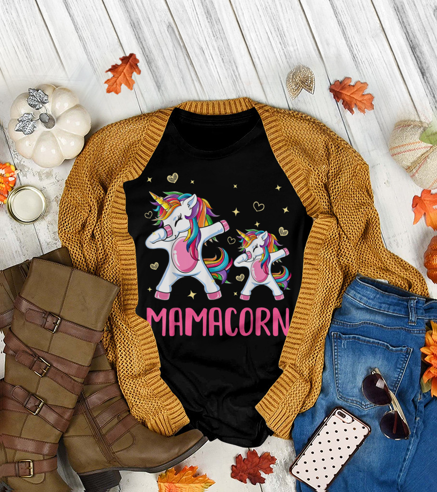 Colorful Dabbing Unicorns Mamacorn with Rainbow Hair and Hearts T-Shirt