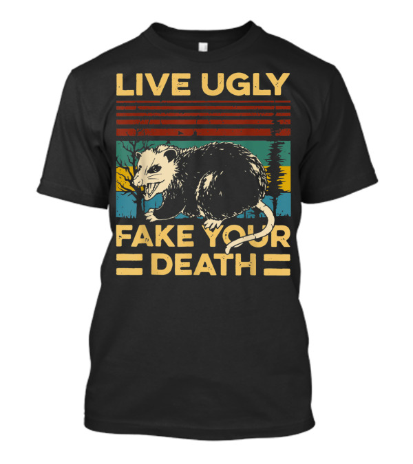 Live Ugly Fake Your Death Funny Vintage Opossum Retro Stripes Forest Scene T-Shirt