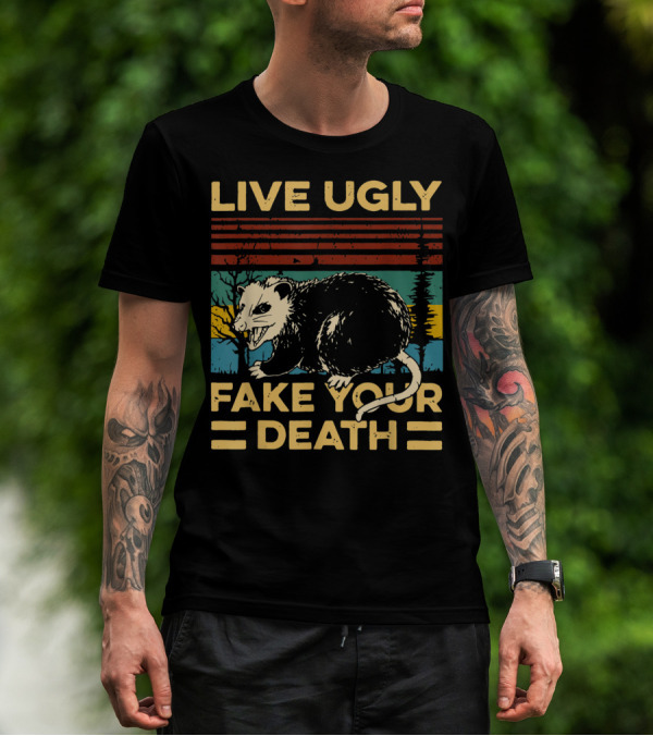 Live Ugly Fake Your Death Funny Vintage Opossum Retro Stripes Forest Scene T-Shirt
