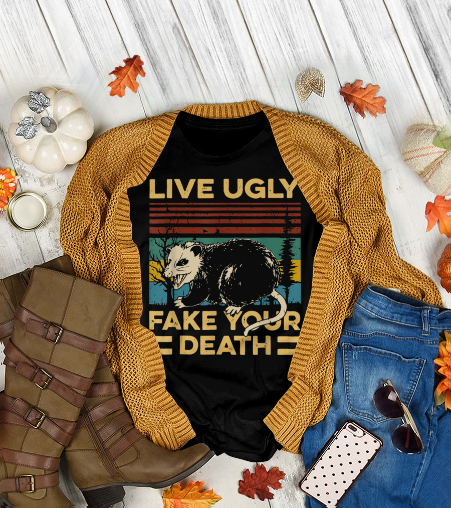 Live Ugly Fake Your Death Funny Vintage Opossum Retro Stripes Forest Scene T-Shirt