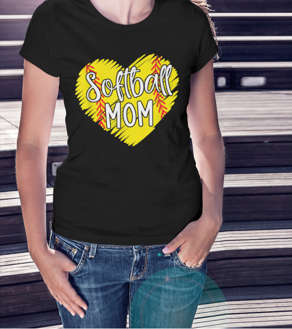 Softball Mom Heart Yellow Red Stitching Baller Mama T-Shirt