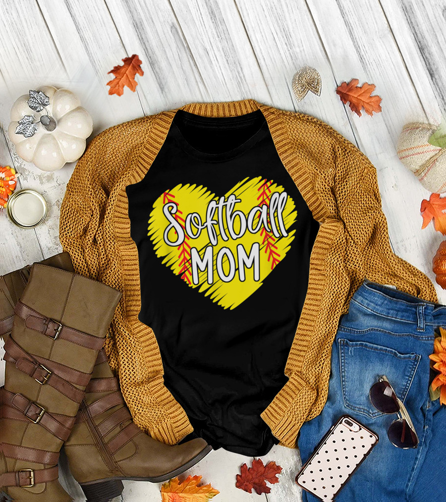 Softball Mom Heart Yellow Red Stitching Baller Mama T-Shirt