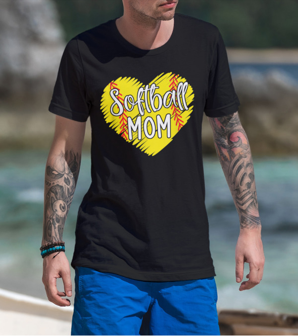 Softball Mom Heart Yellow Red Stitching Baller Mama T-Shirt
