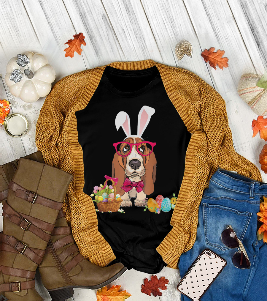 Basset Hound Bunny Rabbit with Glasses and Easter Egg Basket T-Shirt