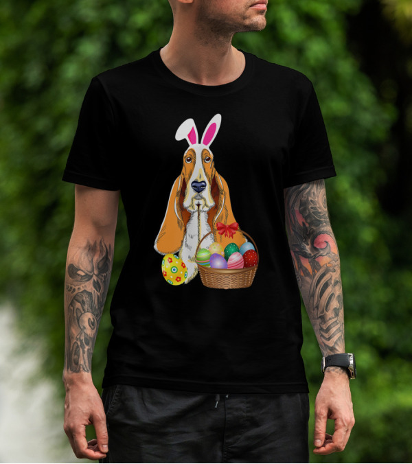 Basset Hound Bunny Rabbit Hat With Easter Eggs Basket T-Shirt
